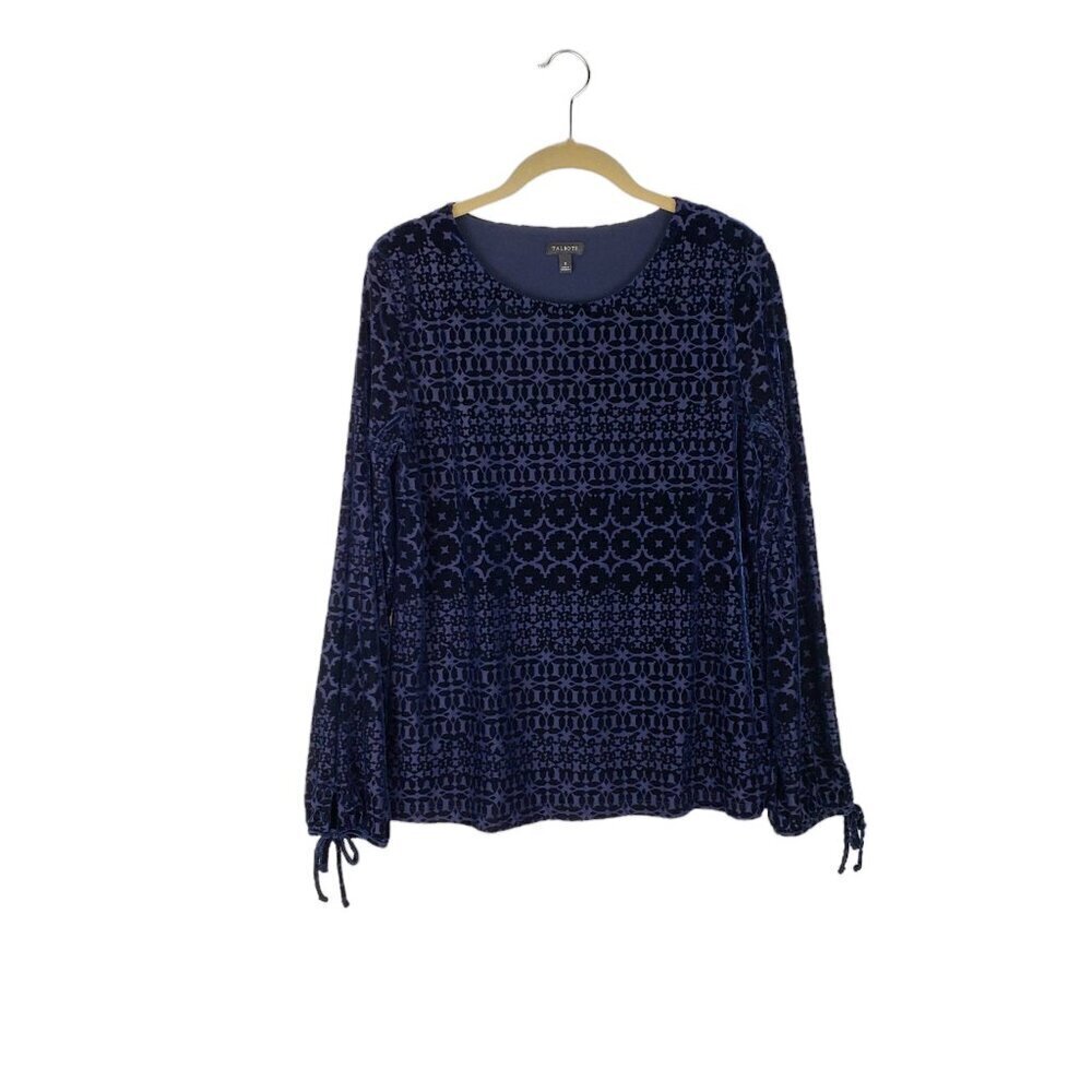 Talbots Navy Blue Velvet Burnout Foulard Top Long Sleeve Tie Wrist Womens Small